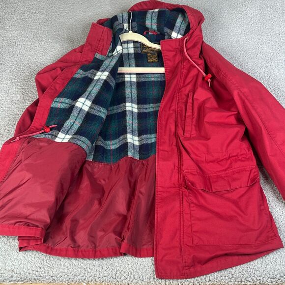Eddie Bauer Jacket Mens Medium Red Wool Plaid Hood Lined Chore Barn Parka Coat - Picture 1 of 11